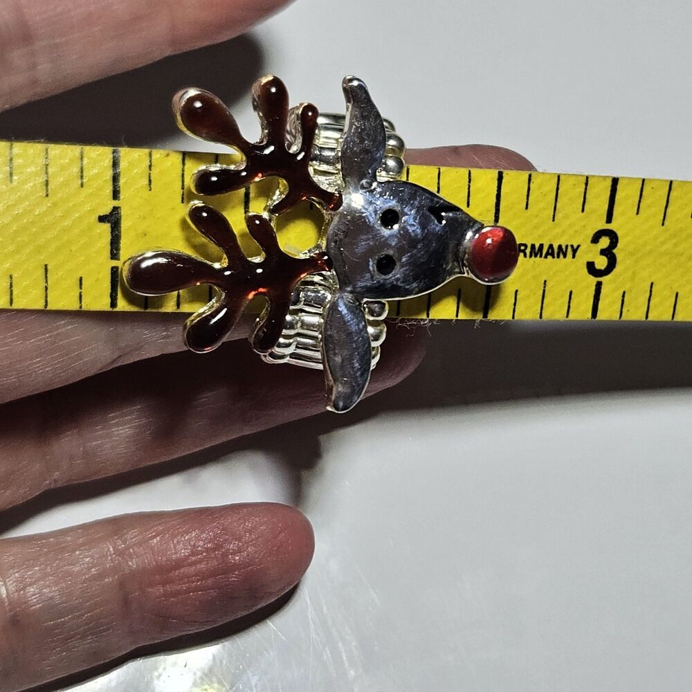 Silver Tone Brown Red Enamel Black Rhinestone Rudolph Stretch Ring - Picture 9 of 14